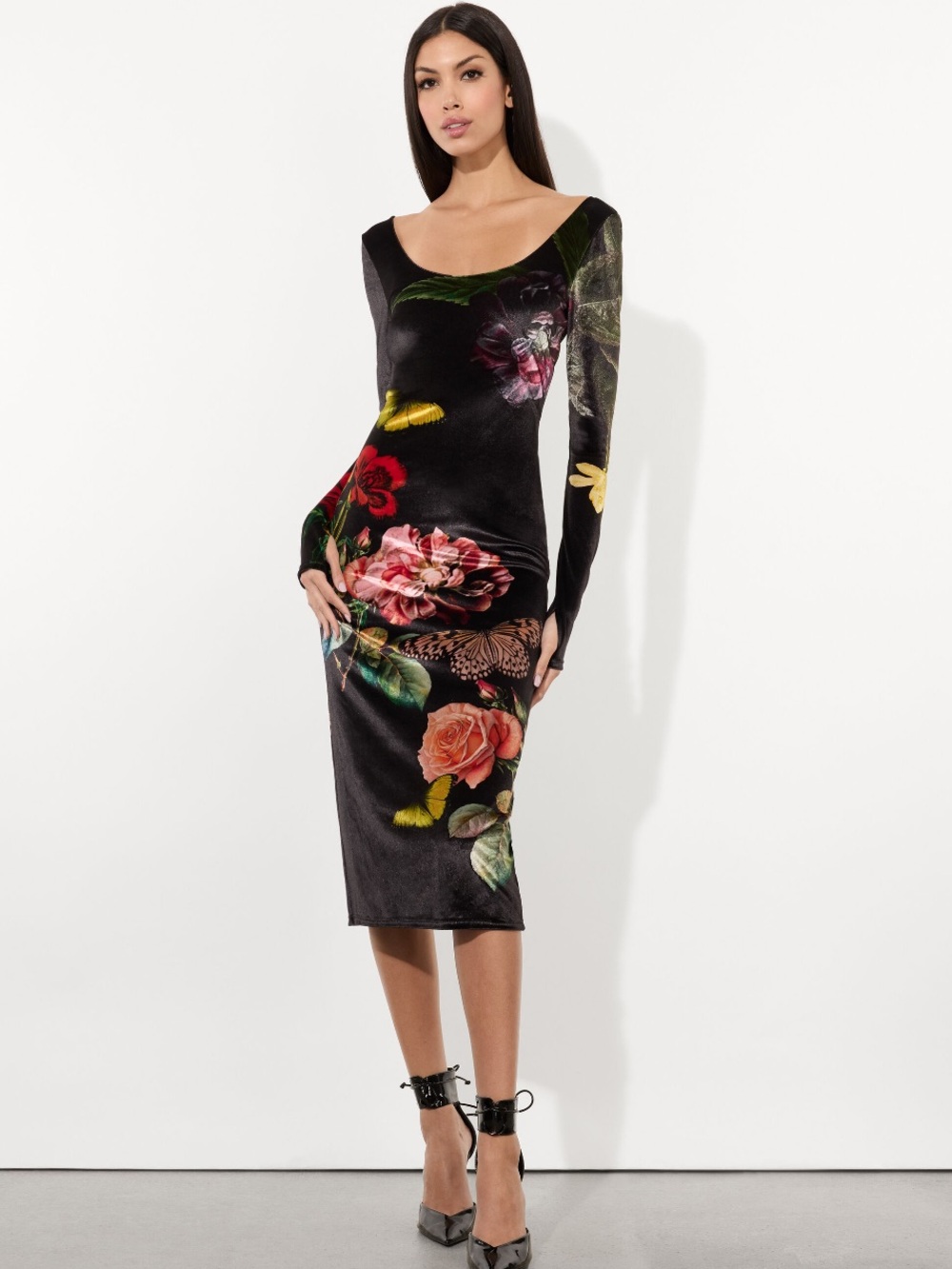 Alice + Olivia Black Velvet Floral Scoop-Neck Midi Dress